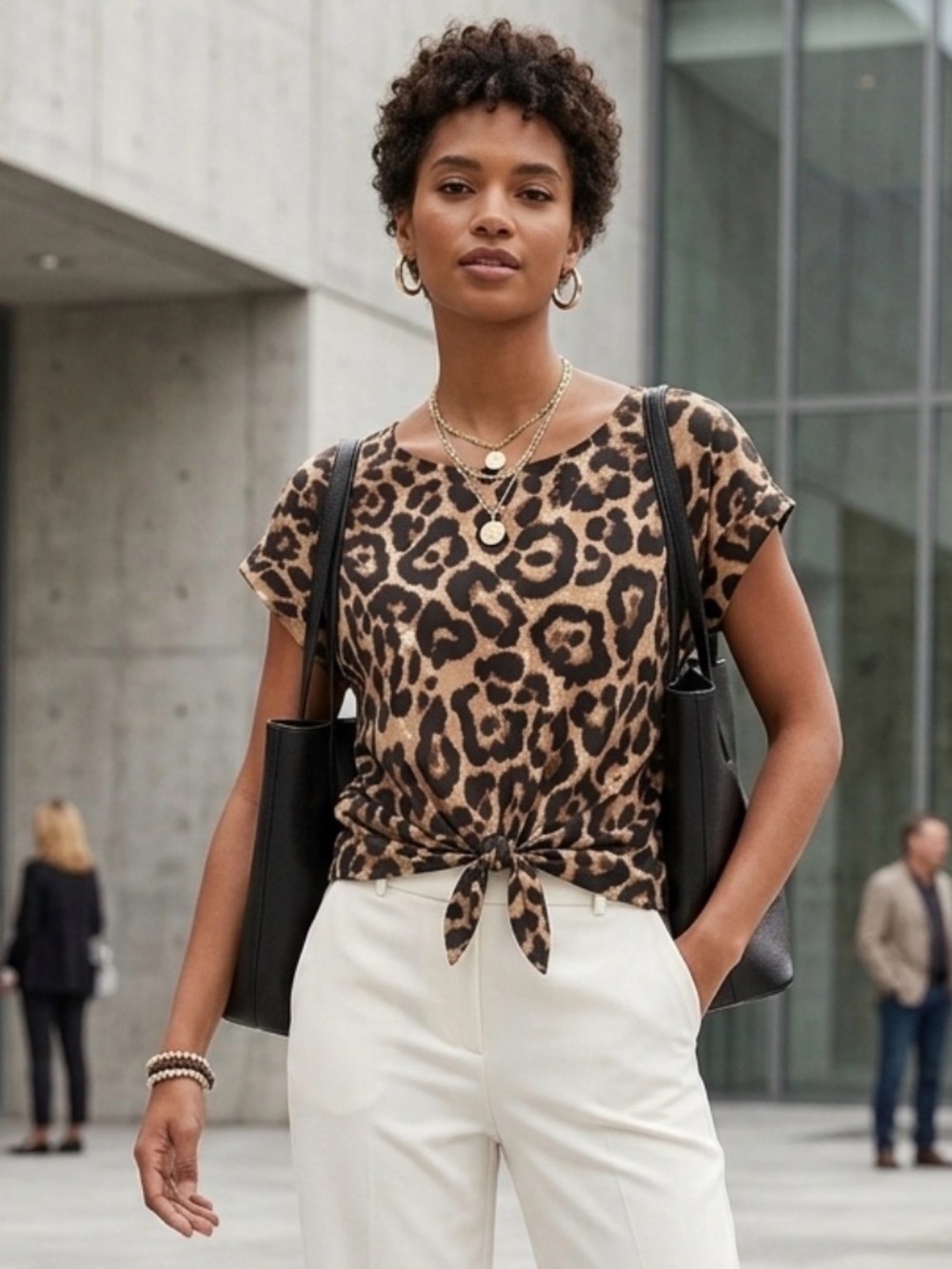 Women’s Leopard Print Tie-Front Blouse - Brown/Black Size L - Picture 2 of 3